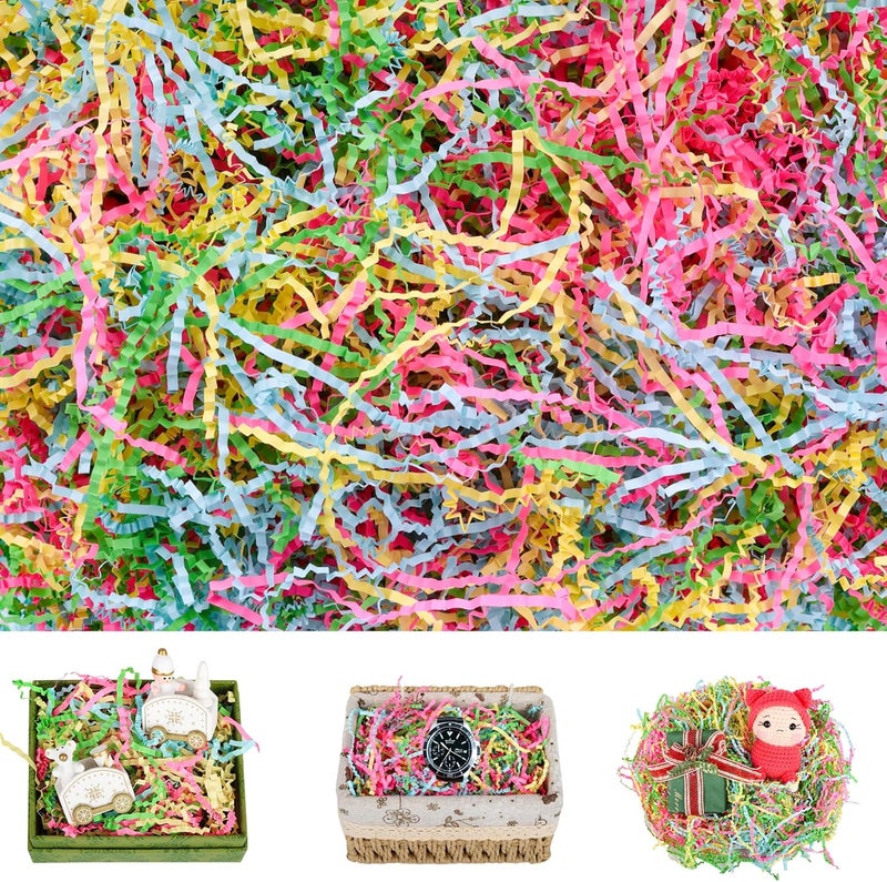 QOIUSO 8oz Easter Crinkle Paper Filler— 1/2LB Red, Green, Blue & Yellow Shredded Raffia/Crinkle Cut Paper for Gift Baskets, Boxes, Bags & Party Packaging — Fluffable Easter Basket Filler, Reusable - Image 1